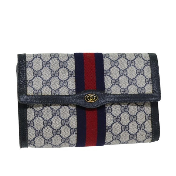 GUCCI GG Supreme Sherry Line Clutch Bag PVC Navy Red 84 01 006 Auth 76465 - Picture 1 of 16